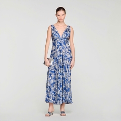 Váy maxi Maje xanh hoạ tiết Baroque xếp ly
