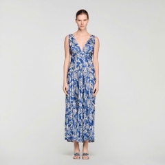 Váy maxi Maje xanh hoạ tiết Baroque xếp ly