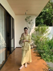Set linen Áo sơ mi cổ đức + Chân váy midi TTOO VOIUS Hàn Quốc