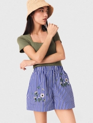 Quần short cotton kẻ sọc thêu
