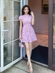 Váy SELF-PORTRAIT ren dập ngắn tay dáng mini màu hồng kèm belt
