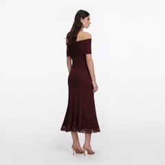 ĐẦM MIDI DỆT KIM MÀU ĐỎ TÍA PHỐI REN