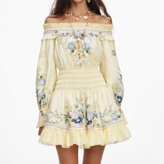 VÁY NGẮN XẾP TẦNG BẰNG VẢI ORGANZA HỌA TIẾT HOA MÀU VÀNG
