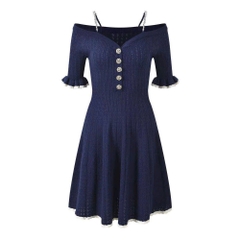 Váy trễ vai BEBE len dệt dáng xòe màu navy