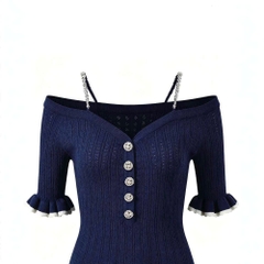 Váy trễ vai BEBE len dệt dáng xòe màu navy