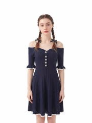 Váy trễ vai BEBE len dệt dáng xòe màu navy