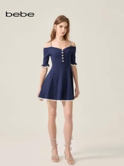 Váy trễ vai BEBE len dệt dáng xòe màu navy