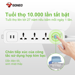 Ổ Cắm Điện Chống Cháy GONEO 3 Ổ Đa Năng + 2 USB 1 Công Tắc – Công Suất 10A/250/2500W – Trắng – Chính Hãng (N103U)