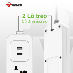 Ổ Cắm Điện Chống Cháy GONEO 3 Ổ Đa Năng + 2 USB 1 Công Tắc – Công Suất 10A/250/2500W – Trắng – Chính Hãng (N103U)