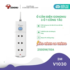 Ổ Cắm Điện Gongniu Đa Năng 3 Ổ 1 Công Tắc – Công Suất 10A/250/2500W – Trắng – Chính Hãng (V1030)