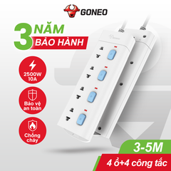 Ổ Cắm Điện Gongniu Đa Năng 4 Ổ 4 Công Tắc – Công Suất 10A/250/2500W – Trắng – Chính Hãng (V3040)