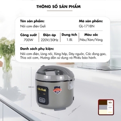 Nồi cơm điện 1718N - 1.8 Lít - Bảo hành 2 năm