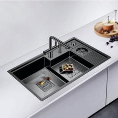 Chậu rửa bát hai hố lệch kèm máy rửa cốc màu đen Geler | GL-NN 9747 (900x470x200 mm)