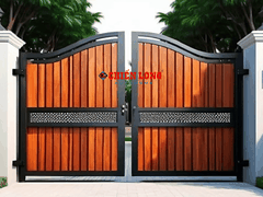 Cửa cổng mở 2 cánh ốp nhựa giả gỗ ngoài trời thiết kế hiện đại CLG012