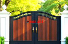 Cửa cổng mở 2 cánh ốp nhựa giả gỗ ngoài trời thiết kế hiện đại CLG012
