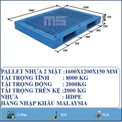 PALLET NHỰA 2 MẶT 1600X1200X150 MM