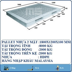 PALLET NHỰA 2 MẶT 1800X1200X100 MM