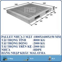 PALLET NHỰA 2 MẶT 1800X1600X150 MM