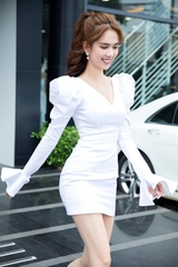 Đầm ôm body cổ V tay phồng dài xòe cổ tay