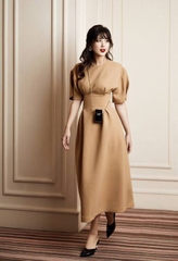 Đầm xòe kiểu dài tay con  phồng (Nude)