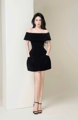 Đầm dự tiệc dáng xoè ngắn vai ngang phối túi sang trọng Alvin Store 1620 (Đen)