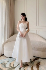 Đầm xòe dài hai dây cúp ngực phối nơ Alvin Store 2935 (Trắng)