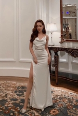Đầm dạ hội kiểu hai dây cổ đỗ xẻ tà (Trắng)
