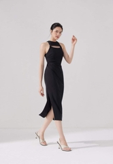 Đầm ôm body sát nách xẻ ngang ngực nhún eo (Đen)
