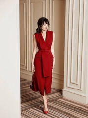 Đầm xòe kiểu vest sát nách tà chéo (đỏ đô)