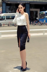 Áo váy kiểu áo tay dài lệch vai váy bút chì dây kéo trước