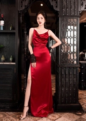 Đầm dạ hội kiểu hai dây cổ đỗ xẻ tà (Đỏ)