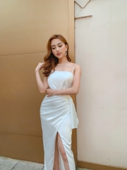 Đầm dạ hội kiểu 2 dây cúp ngực xẻ tà nơ eo sang trọng (Trắng)
