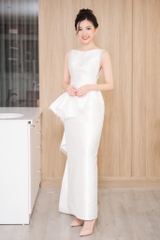 Đầm dạ hội kiểu cổ thuyền sát nách bèo eo (Trắng)
