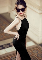 Đầm Ngọc Trinh ôm body kiểu hở lưng hai dây (đen)