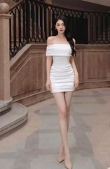 Đầm dự tiệc dáng ngắn ôm body hở vai ngang sang trọng (Trắng)