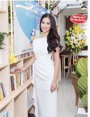 Đầm ôm body kiểu lệch vai nhún eo phối bèo (Trắng)