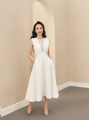 Đầm xòe kiểu sát nách phối ren 2 túi (Trắng)