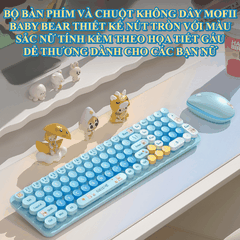 Bộ bàn phím và chuột không dây BABY BEAR thiết kế nút tròn với màu sắc nữ tính và họa tiết gấu dễ thương dành cho các bạn nữ