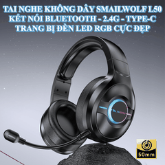 Tai nghe không dây SMAILWOLF L50 kết nối 3 chế độ Bluetooth - USB 2.4G - Dây Type-C có đèn led RGB tự động đổi màu âm thanh sống động