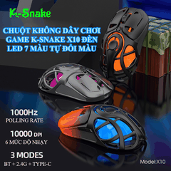 Chuột chuyên game K-SNAKE X10 kết nối 3 chế độ BT - 2.4G - TYPE-C độ nhạy lên đến 10000DPI có đèn led 7 màu cực đẹp kèm theo dung lượng pin lớn 400mAh