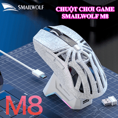 Chuột chuyên game SMAILWOLF M8 kết nối không dây 3 chế độ với mắt đọc sensor PAW3311 độ nhạy 12000DPI kèm theo đế sạc cảm ứng đèn led RGB cực đẹp