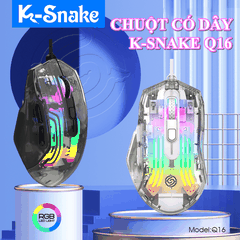 Chuột chơi game có dây K-SNAKE Q16 thiết kế trong suốt mới lạ có đèn led RGB cực đẹp kèm theo 6 mức độ nhạy lên đến 7200DPI