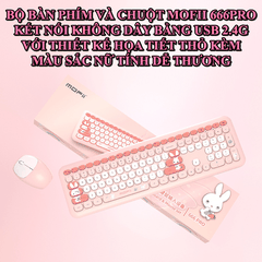 Bộ bàn phím và chuột MOFII 666PRO kết nối không dây bằng chip USB 2.4G với thiết kế họa tiết thỏ dễ thương và màu sắc nữ tính dành cho các bạn nữ