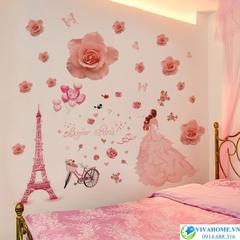Decal dán tường Paris hoa hồng phấn