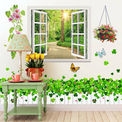 Decal dán tường Cửa sổ Rừng xanh và cỏ ba lá