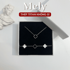 Bộ trang sức Thép Titan không gỉ cỏ 4 lá bạc + Hộp SET32