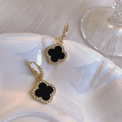 Bông tai nữ dạng móc hình hoa đá đen phụ kiện trang sức đơn giản thời trang H117