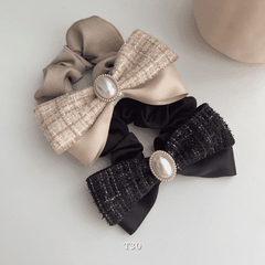 Buộc tóc nơ caro phối ngọc trai nhân tạo nữ tính thời trang Mely T30