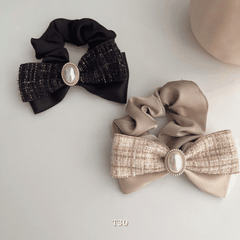 Buộc tóc nơ caro phối ngọc trai nhân tạo nữ tính thời trang Mely T30