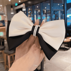 Buộc tóc nữ dạng nơ 2 tầng loại to vải lụa mịn phối ngọc trai nhân tạo thời trang -  T91